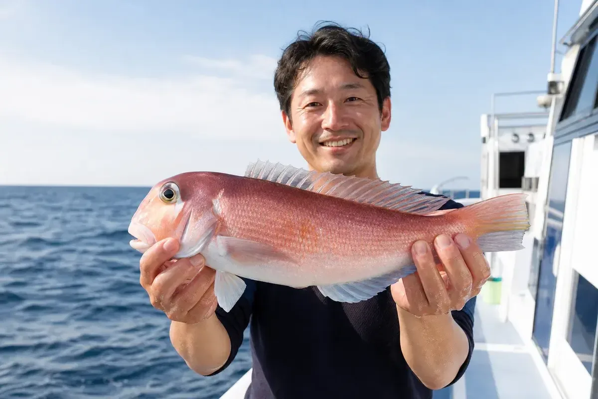 船上で釣れたアマダイを安全に持つ釣り人の明るい写真