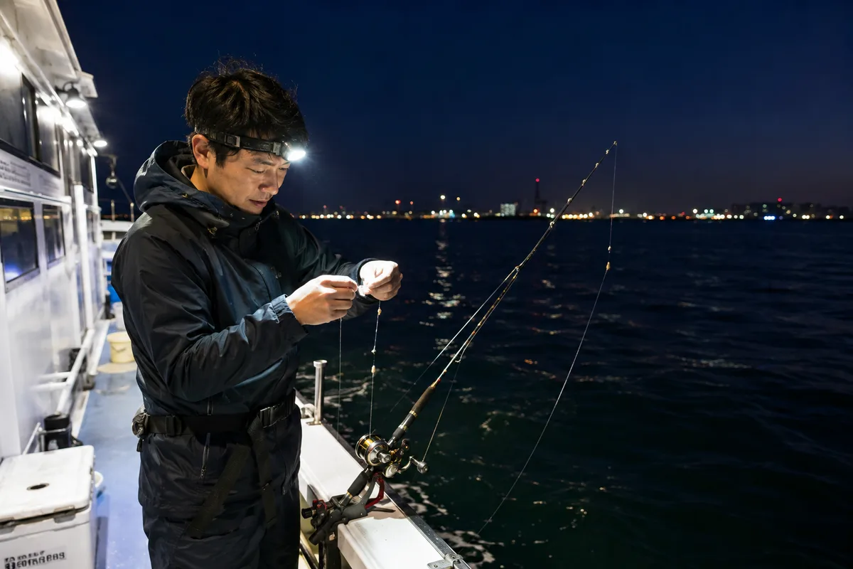 夜の遊漁船デッキでヘッドライトを点けて仕掛けを操作する釣り人。船べりの照明が海面を照らし、穏やかな東京湾の夜が広がる