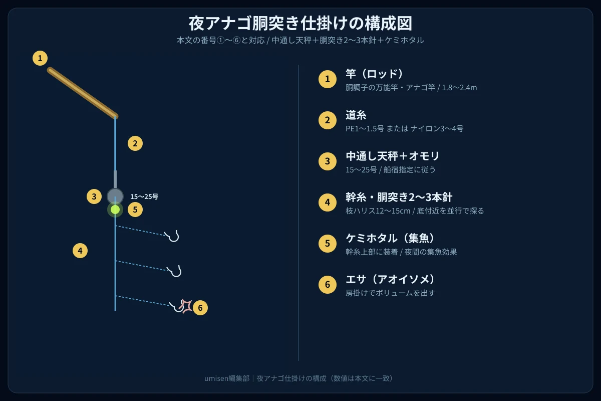夜アナゴ胴突き仕掛けの構成図。①竿から⑥エサ（アオイソメ）まで6パーツを左側に図示、右側に各パーツの説明を凡例として表示