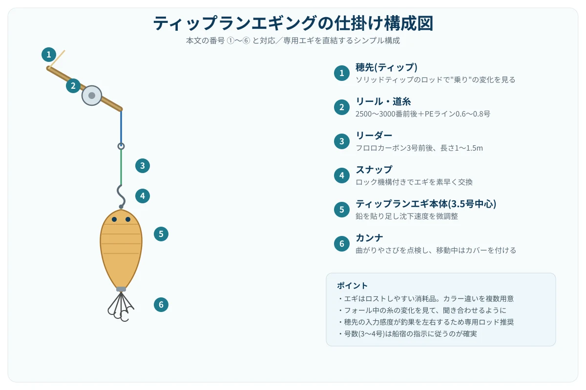 ティップランエギングの仕掛け構成図。穂先からスピニングリールと道糸、リーダー、スナップ、ティップランエギ本体、カンナまでを番号で示した図解