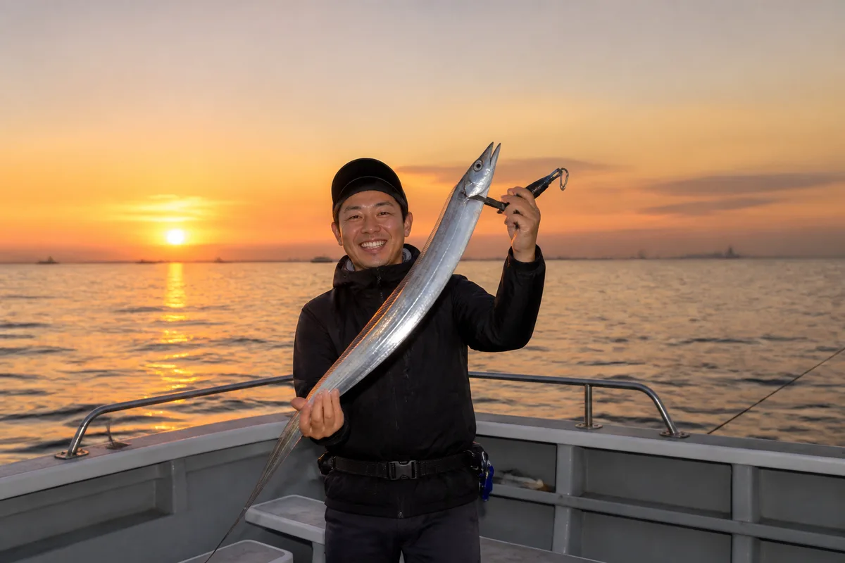 夕暮れの東京湾で乗合船から太刀魚を釣り上げ、銀色に輝く魚体を掲げて笑顔を見せる釣り人。夕方特有の柔らかい光の中、清潔な船のデッキで撮影された写真