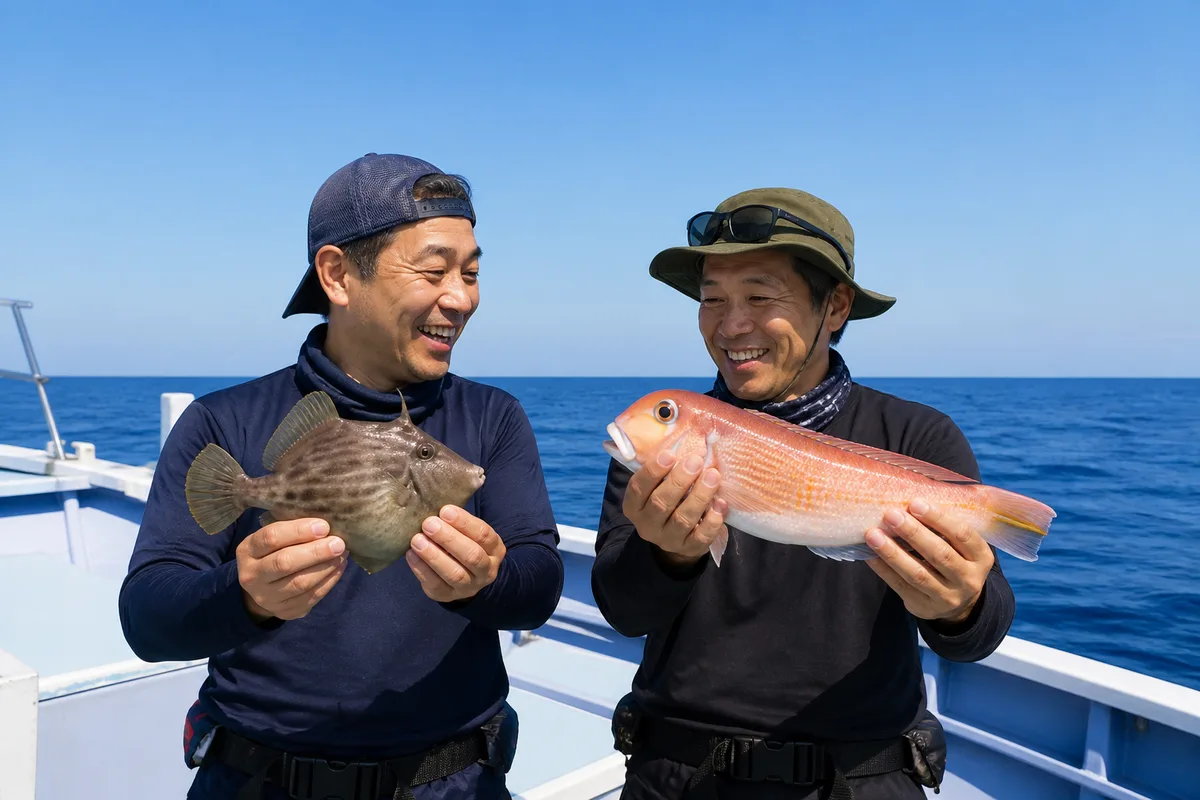 乗合船のデッキで、左の釣り人がカワハギを1匹手に持ち、右の釣り人がアマダイを1匹手に持ち、2人が向き合って笑顔を見せ合う様子。青空と青い海を背景に明るい昼の光の中で撮影された写真