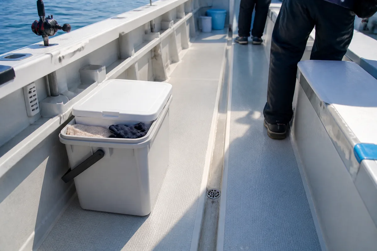 船の釣り座で通路と排水口を空けたバッカンの置き方