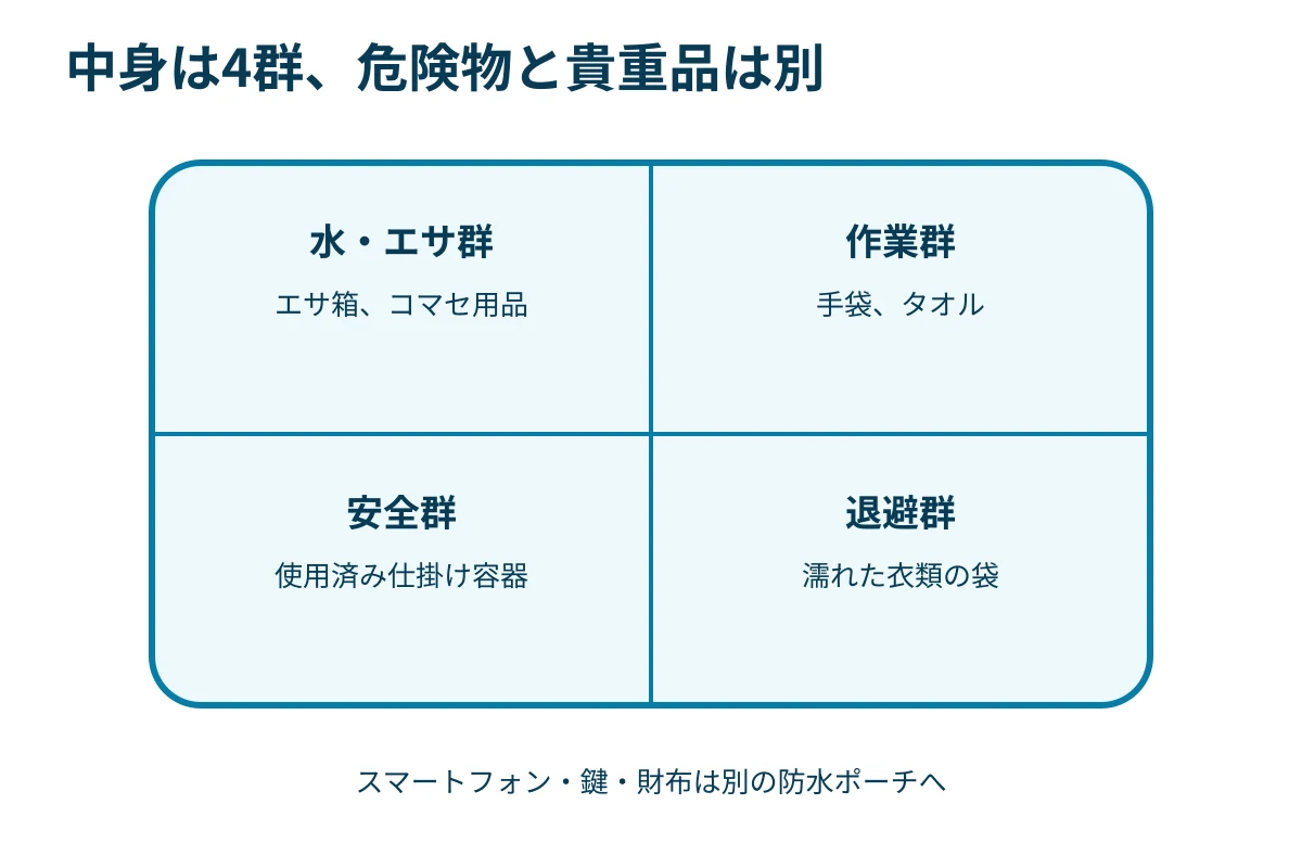 バッカン内部を水・作業・安全・退避の四群に分けた断面図