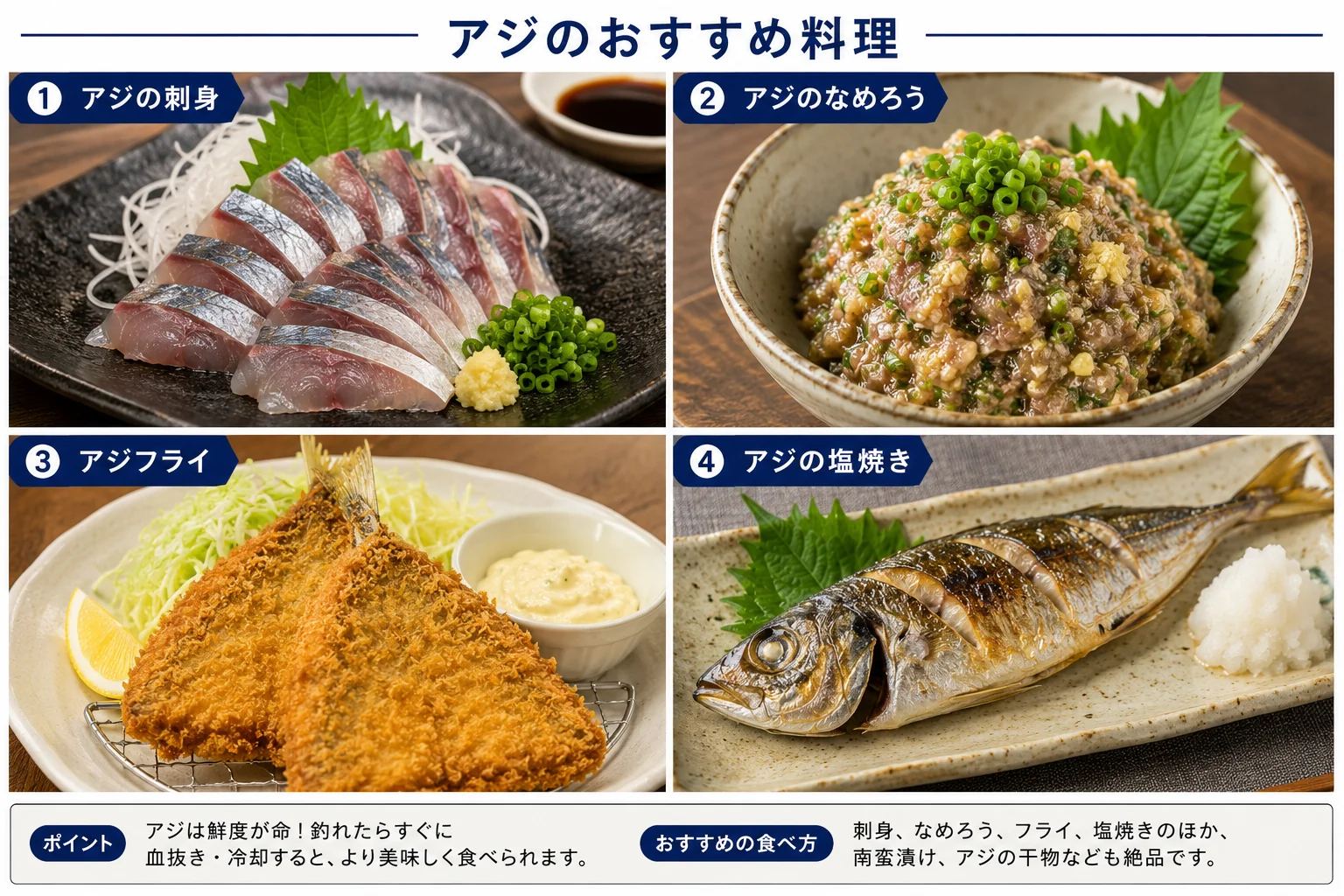 アジは刺身・たたき・なめろう・南蛮漬けと万能。捌きやすく初心者の練習にも最適