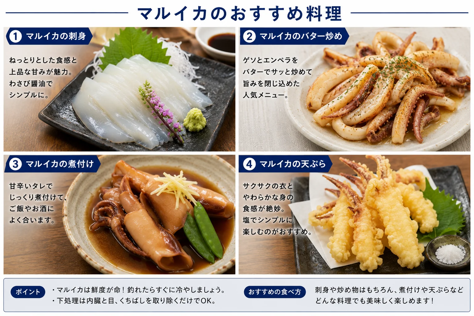 マルイカは釣りたての刺身が別格。塩辛や沖漬けも人気