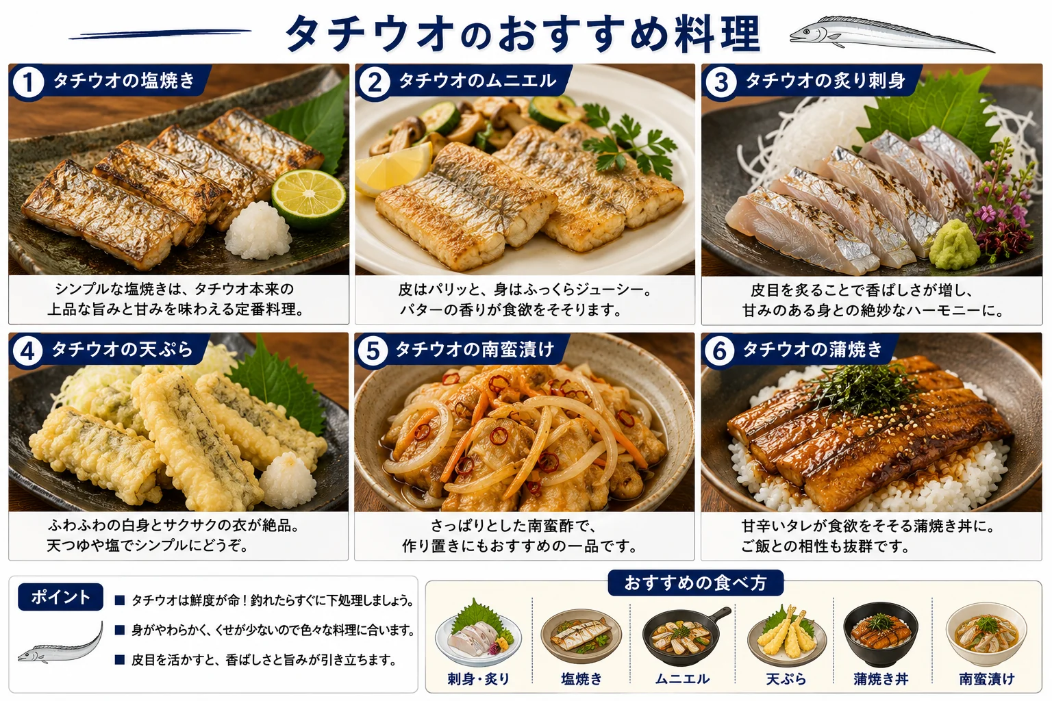 タチウオは塩焼き・煮付け・天ぷら。大型は刺身も絶品