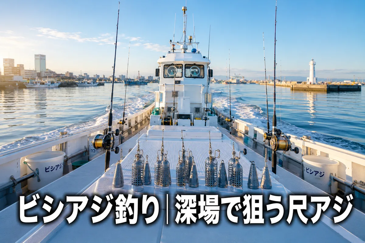 東京湾の朝、太めの竿とアンドンビシを積んだビシアジ船が港を出船する様子。澄んだ青空と静かな海面