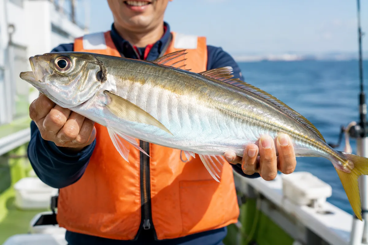 釣り人が両手で持つ尺クラス（30cm超）の大アジ。黄金色の腹と青みがかった背中が輝く、深場から上がってきた良型