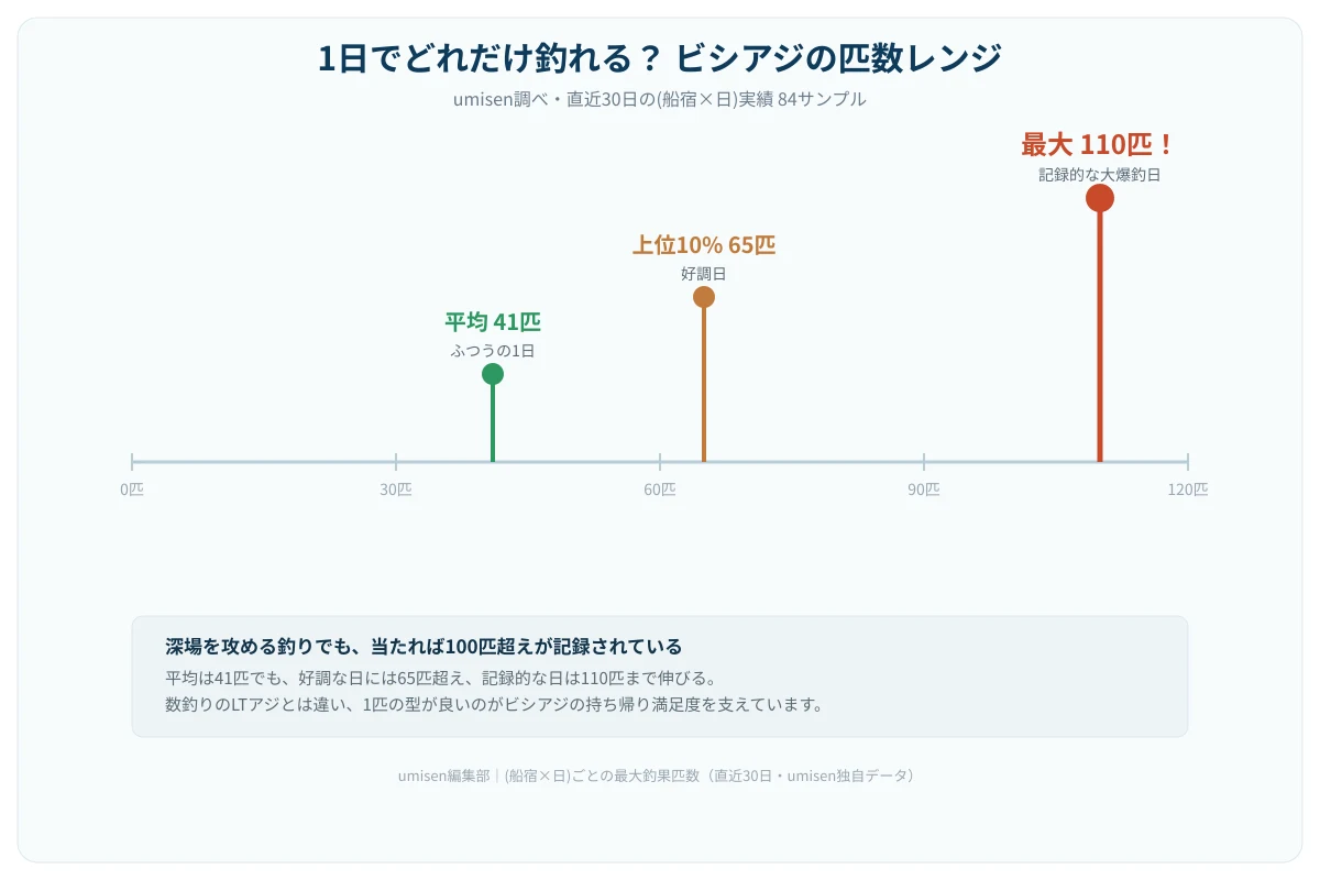 ビシアジの1日あたり匹数レンジを示す数直線グラフ。平均・上位10%・最大の3点をマーカーで示した図解