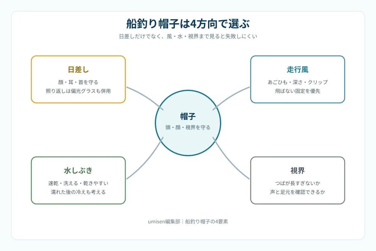 船釣り帽子の役割を、日差し・走行風・水しぶき・視界の4方向から整理した図