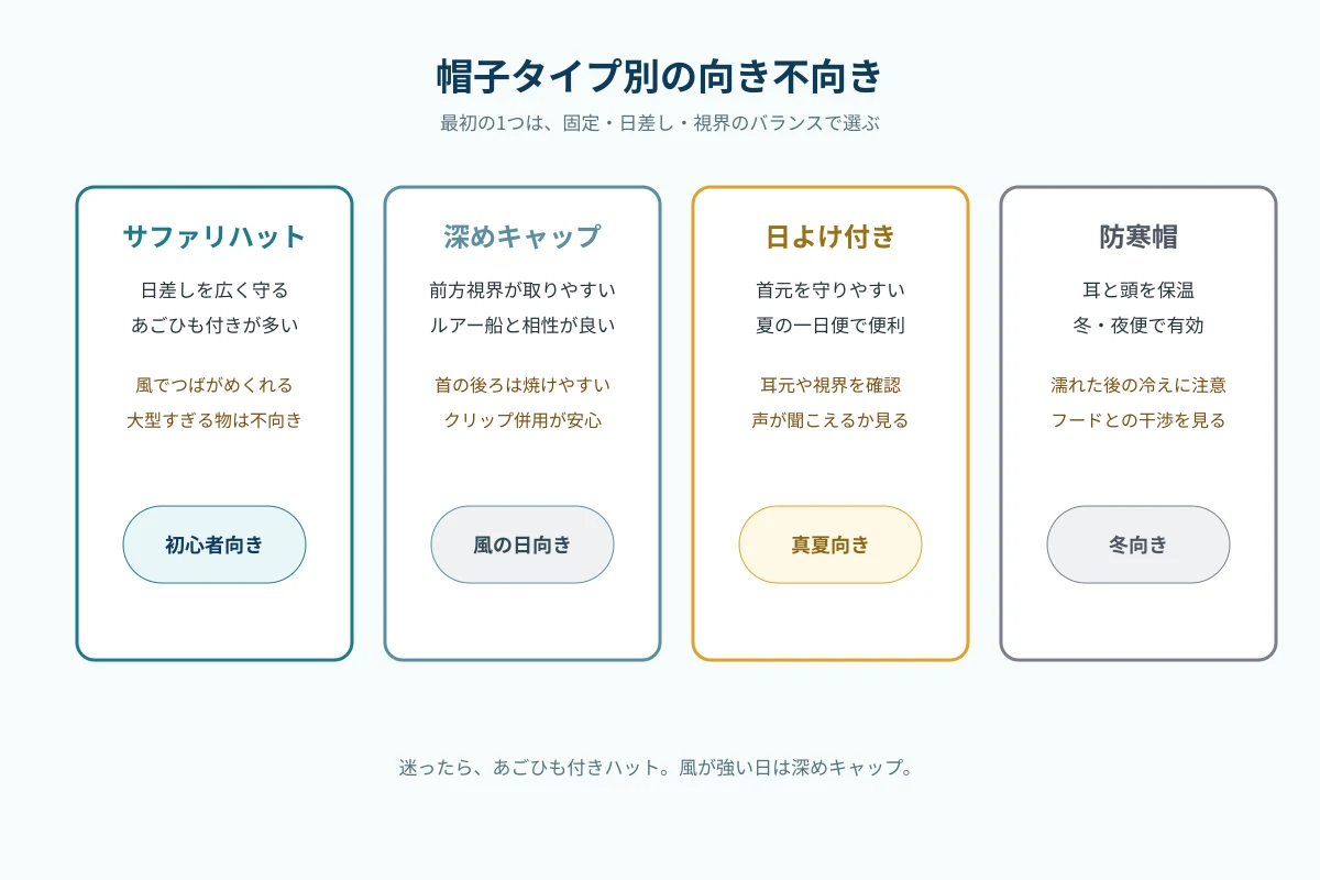 サファリハット、深めキャップ、サンシェード付きキャップ、防寒帽を用途別に比較した図