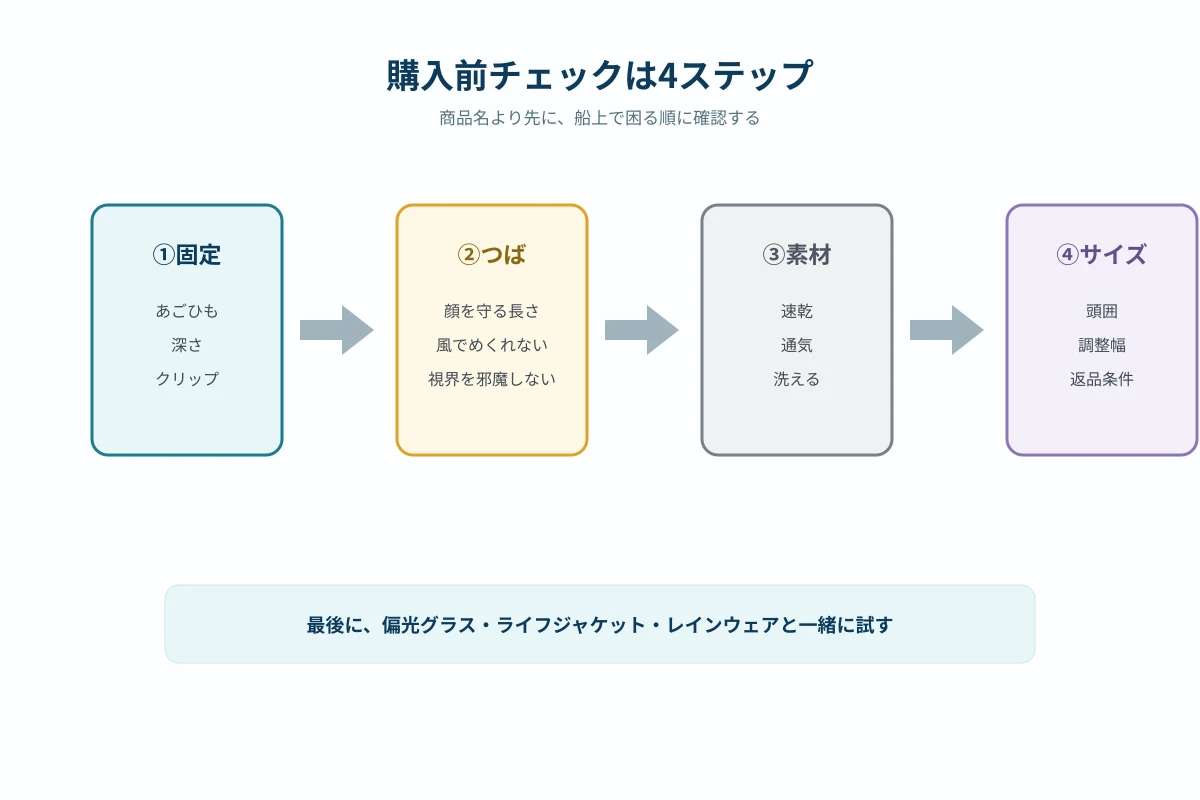 船釣り帽子の購入前チェックを、固定・つば・素材・サイズの順に並べたフロー図