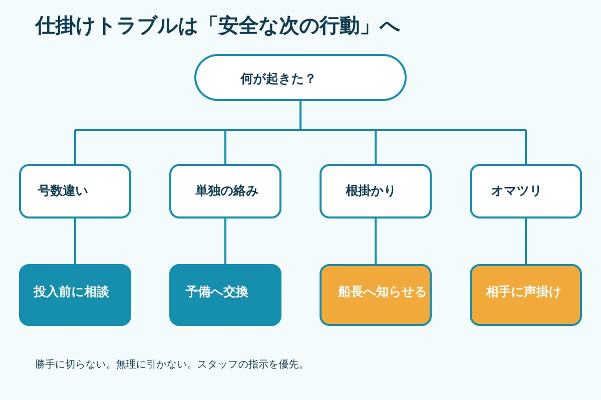 船釣りで仕掛けトラブルを安全に切り分けるフローチャート