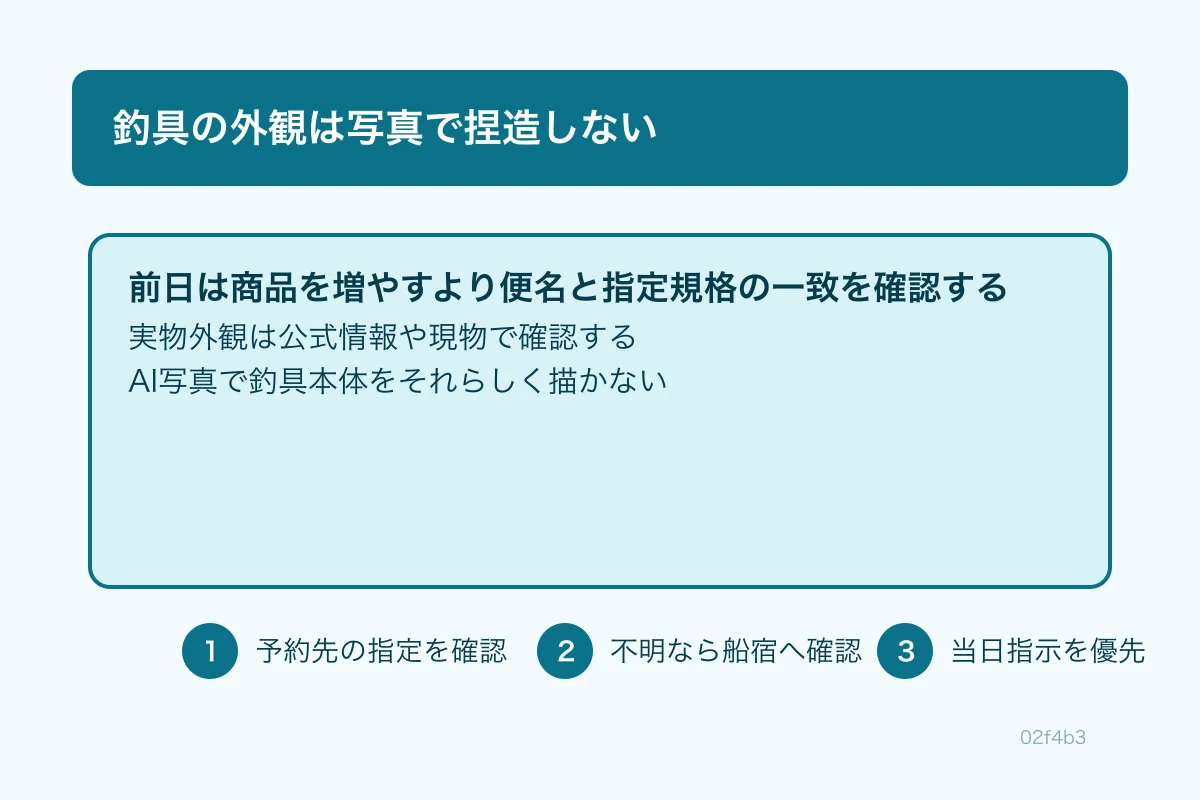 船釣り前日に予約票と仕掛けを照合する手元の写真