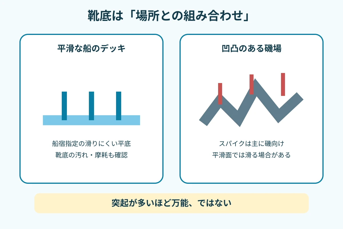 濡れた平滑な船上と凹凸のある磯場で靴底の向き不向きが変わる比較図