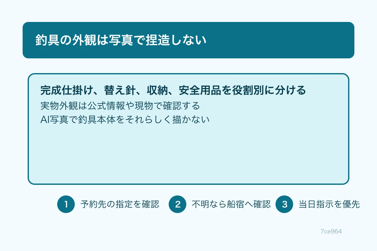 完成仕掛け、替え針、仕掛け巻き、針ケースを役割別に分けた準備風景