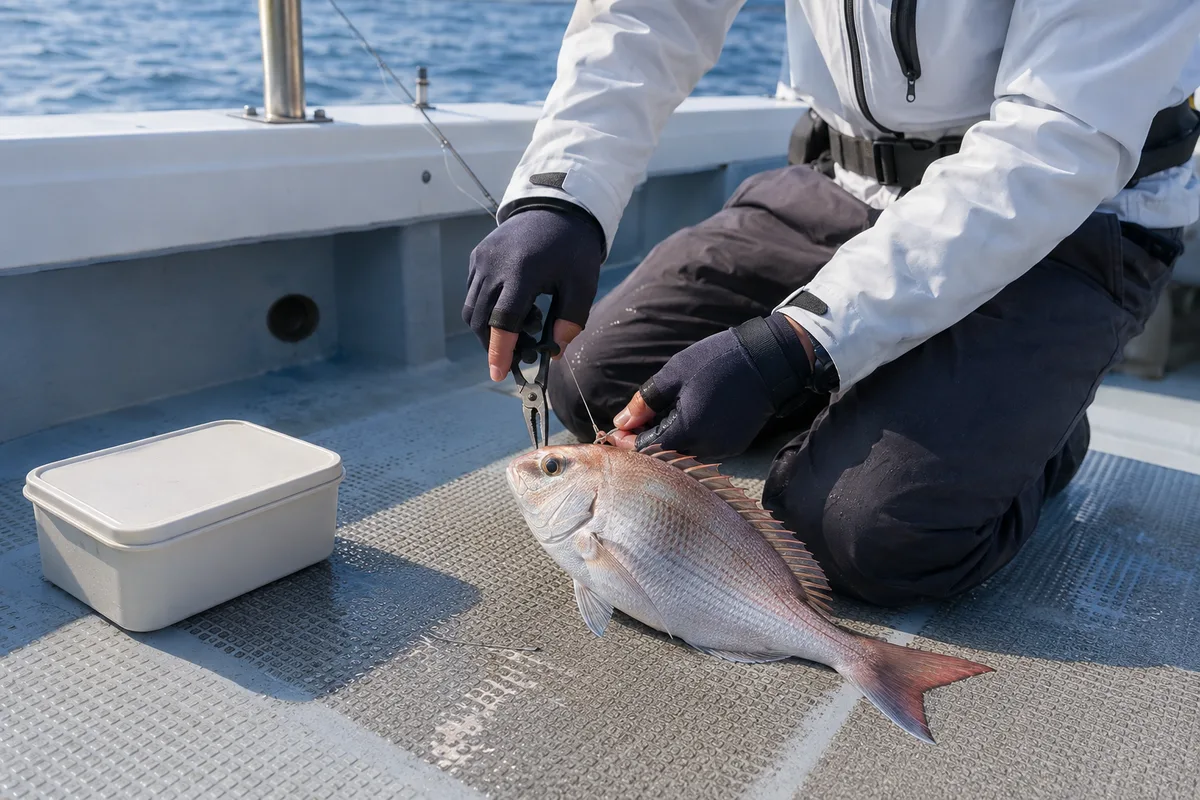 船上で魚から距離を取り、ロングタイプの道具で安全に針外しをしている写真