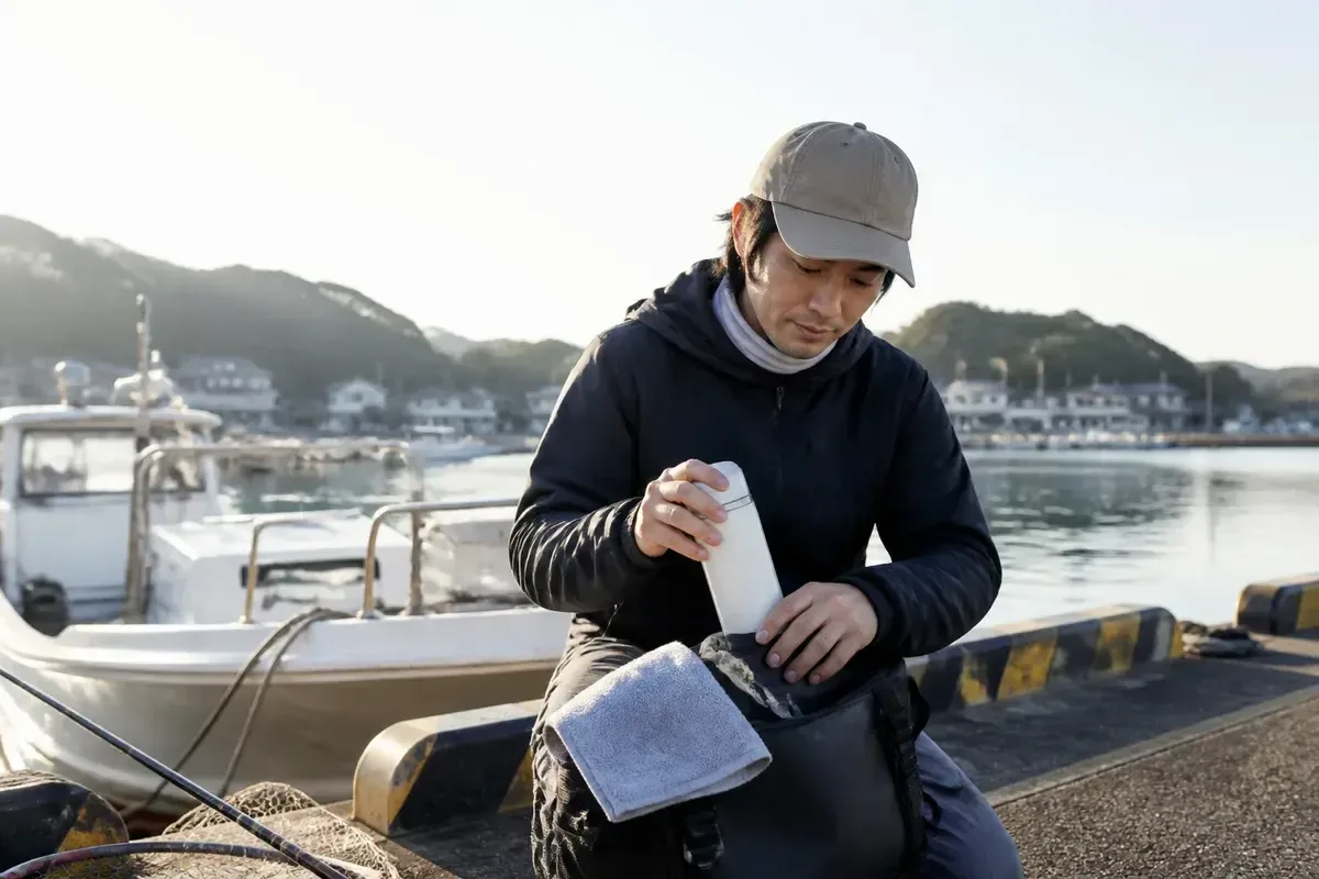 季節に合わせて飲み物と帽子や上着を準備する釣り人