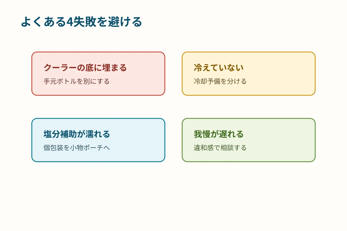 水分補給の量不足、冷却不足、取り出しにくさ、我慢を避ける図