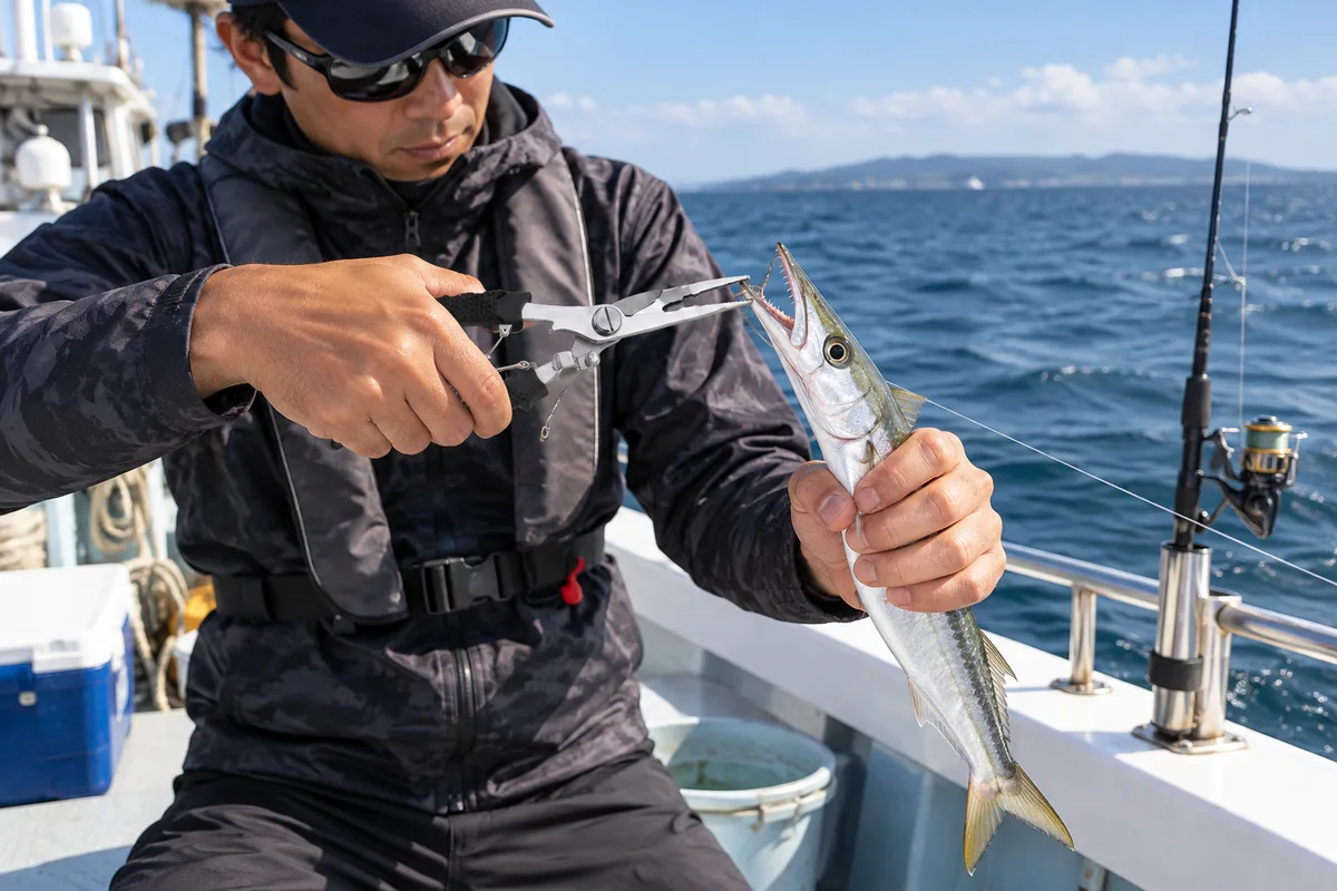 カマスの歯でハリスを切られ、釣り人がプライヤーで安全に仕掛けを外す様子