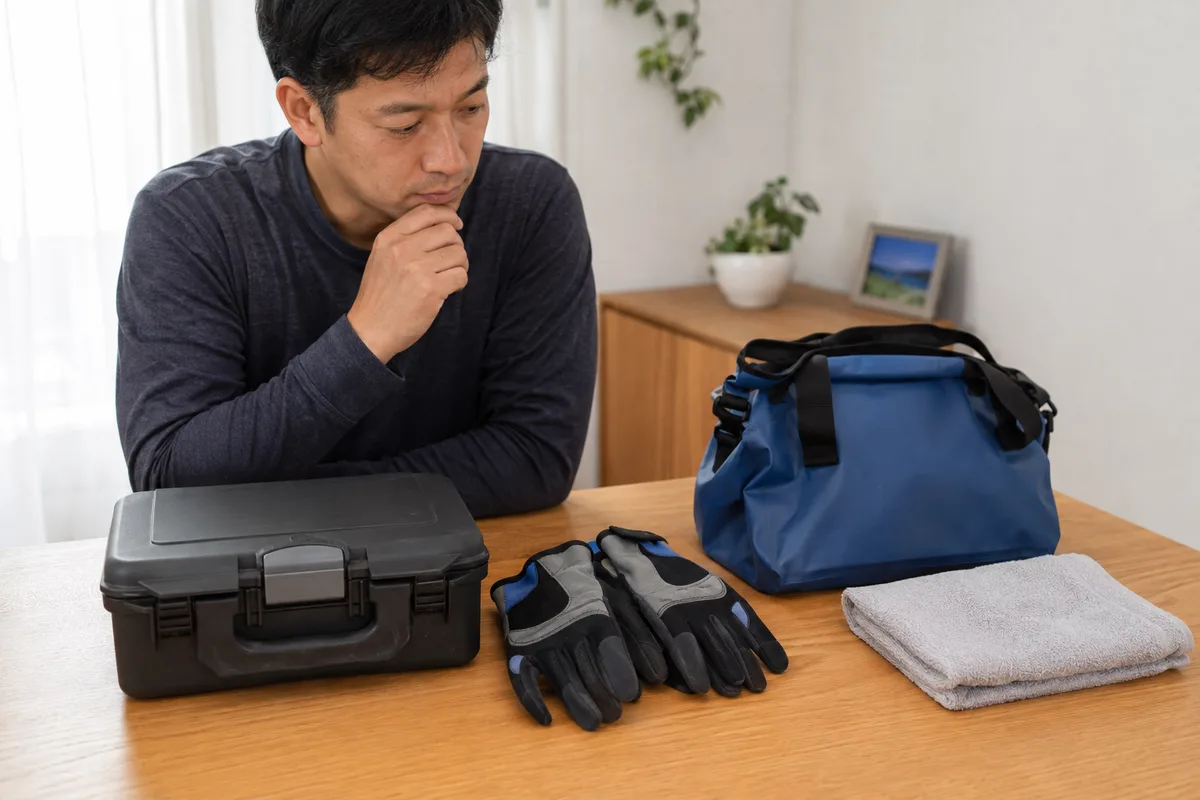 釣行目的に合わせて仕掛けと安全小物を選び分ける様子