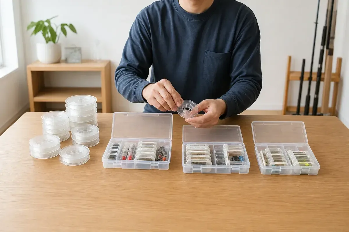 新品、使用中、交換待ちのハリスを分けて収納する準備写真