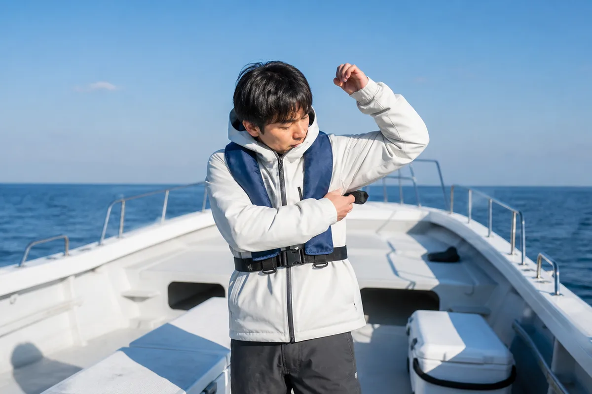 出船前の明るい船上で、防寒着の上から一般的なライフジャケットを着け、腕を上げて動きやすさを確かめる釣り人