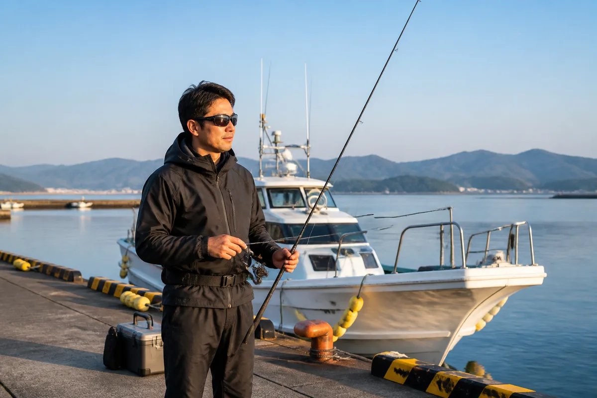 明るい朝の船着き場で、乗船前の釣り人が偏光サングラスを装着している様子