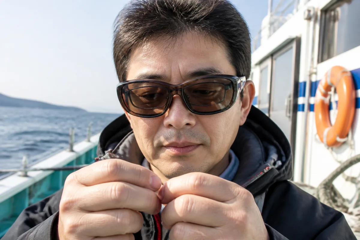 メガネの上に偏光サングラスのオーバーグラス型を装着した釣り人が、船のデッキで仕掛けを確認している様子のクローズアップ。清潔感のある甲板と朝の柔らかい光を背景にした、明るい写真