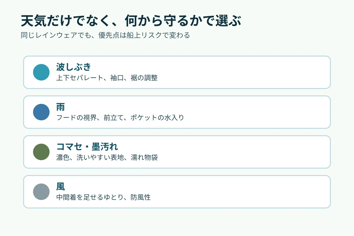 波しぶき、雨、汚れ、風の4リスクからレインウェアの確認点を選ぶ図