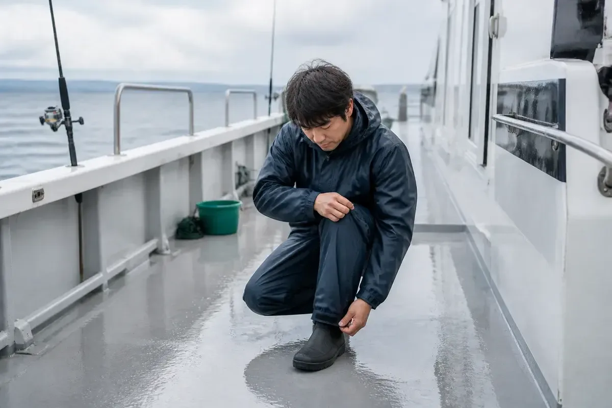 雨上がりの船上で袖口と裾を調整する釣り人