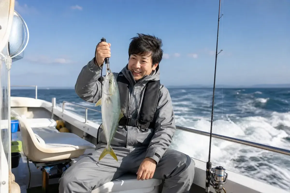 晴れた日の乗合船で、波しぶきを受ける前提でレインウェアを着ている釣り人