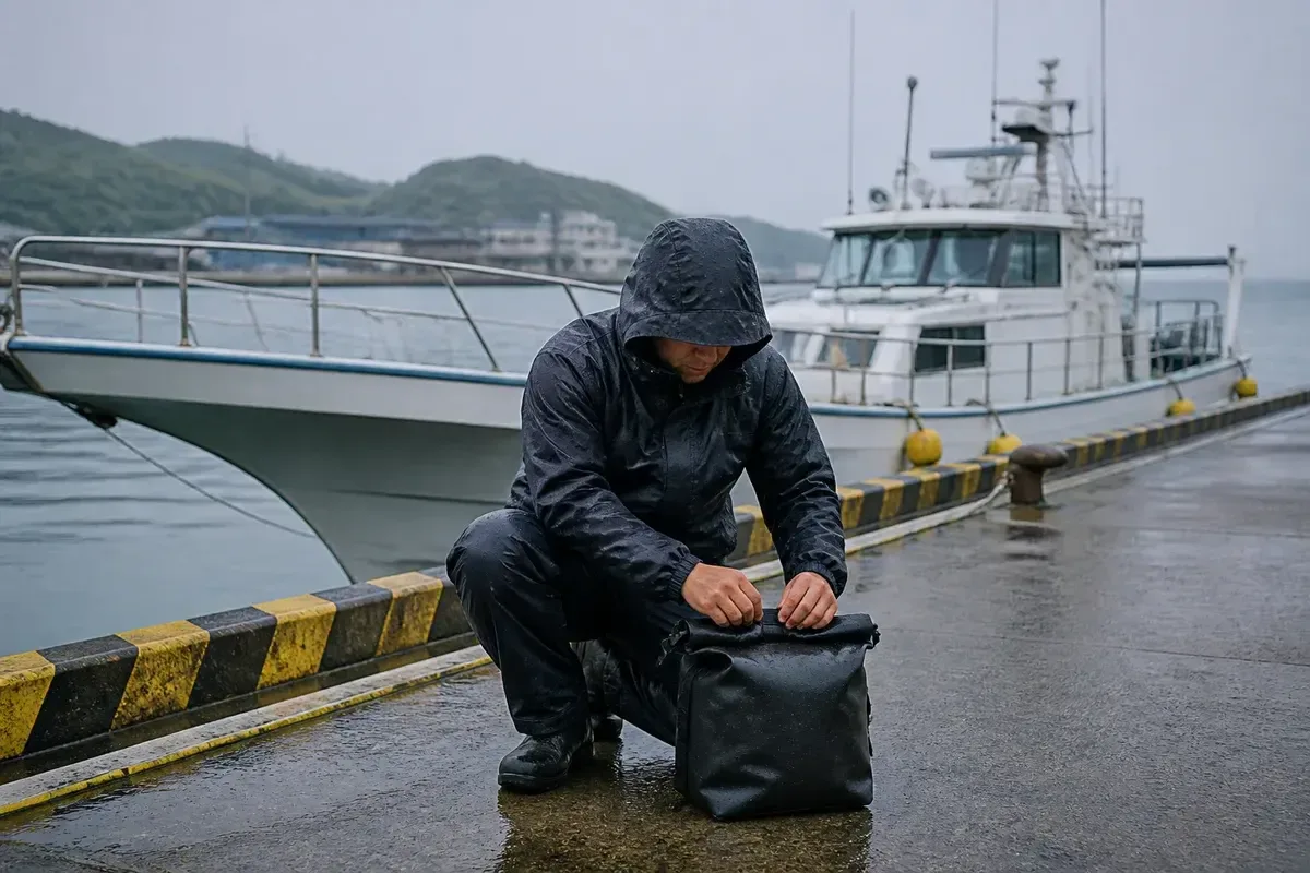 雨の船着き場で、乗船前にレインウェアのフードと荷物の防水を確認する釣り人