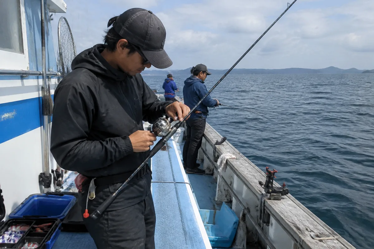 船釣りリールの適合条件をリール方式、PE号数、必要長、電源と操作の四項目に分けた図