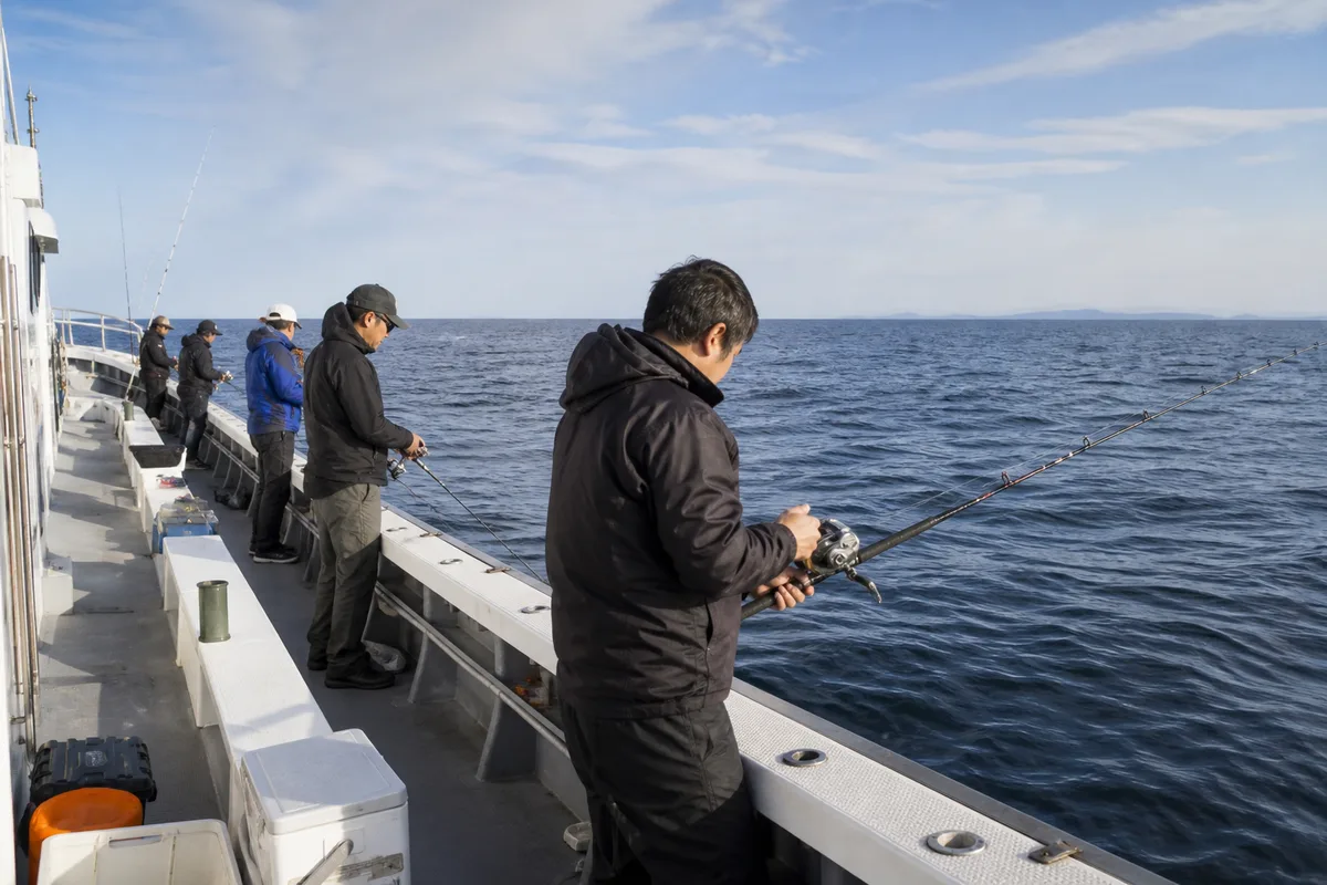 浅場の投げ釣り、手巻き中心、手巻きと電動の併存、電動中心の四つに分ける判断図