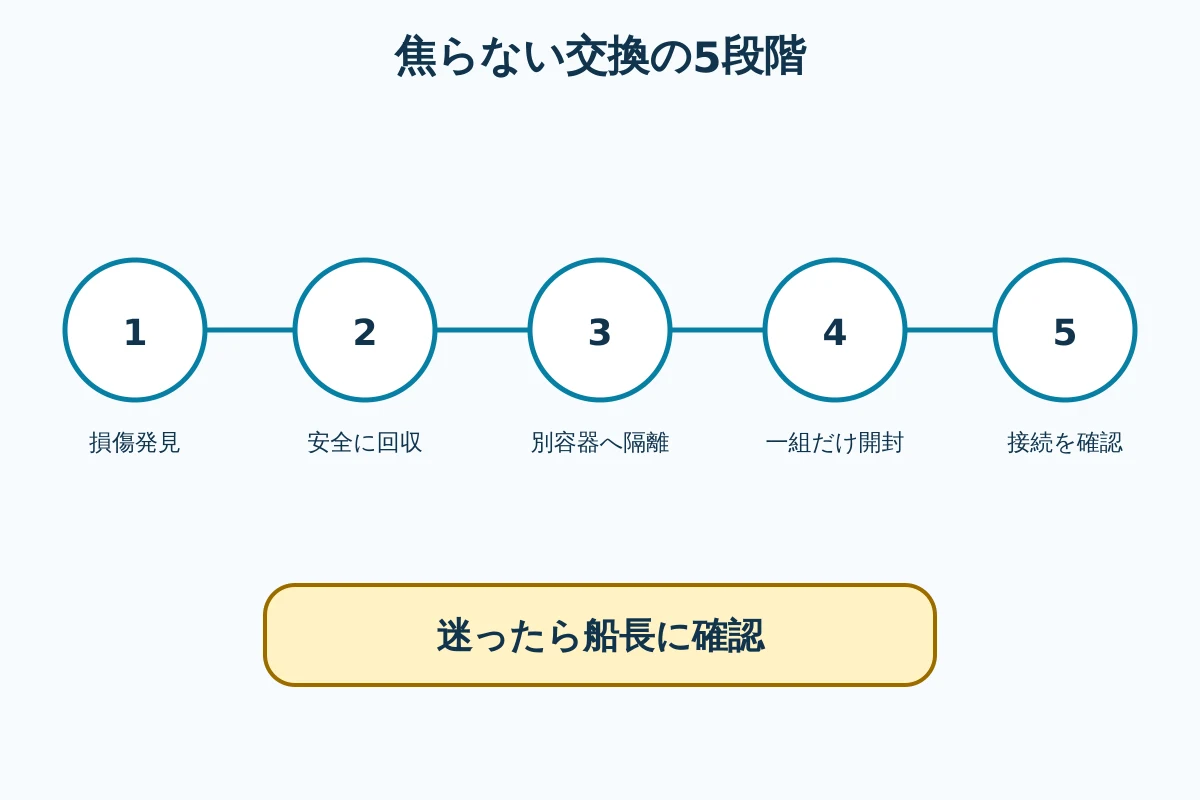 仕掛け損傷の発見から回収、隔離、交換、船長確認までの五段階図