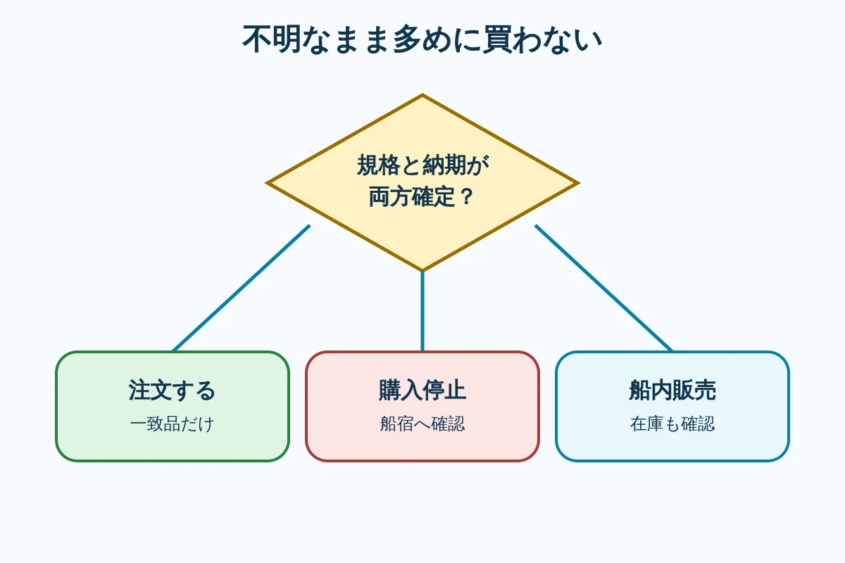 注文する、船宿へ確認する、船内販売を使うの三分岐を示す停止条件図