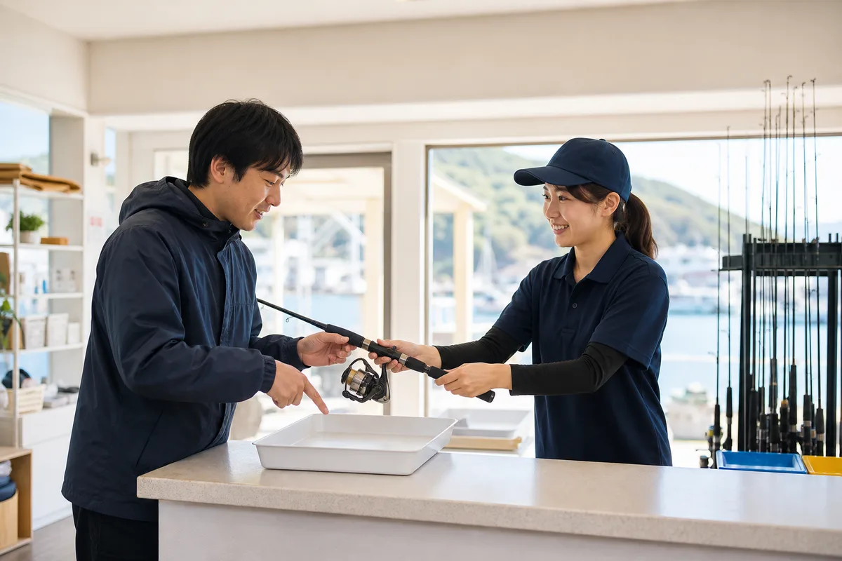 船宿の受付で初心者がレンタル竿とリールを受け取り、含まれる道具を確認している場面