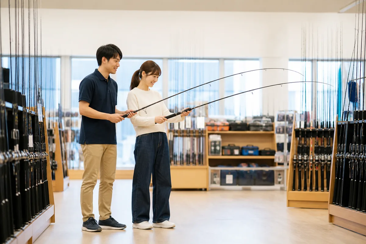 店頭で釣り人が二本の船竿の曲がり方をスタッフと安全に見比べている写真