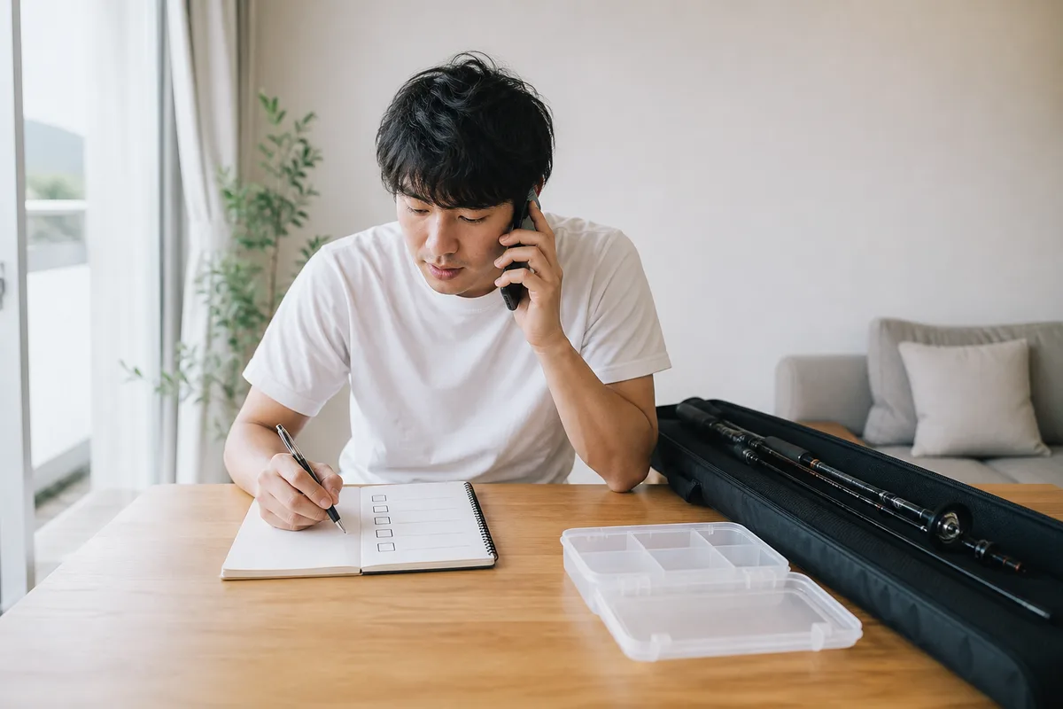 自宅で船宿へ電話し、オモリ号数と貸し竿の条件を手帳へ記録している写真