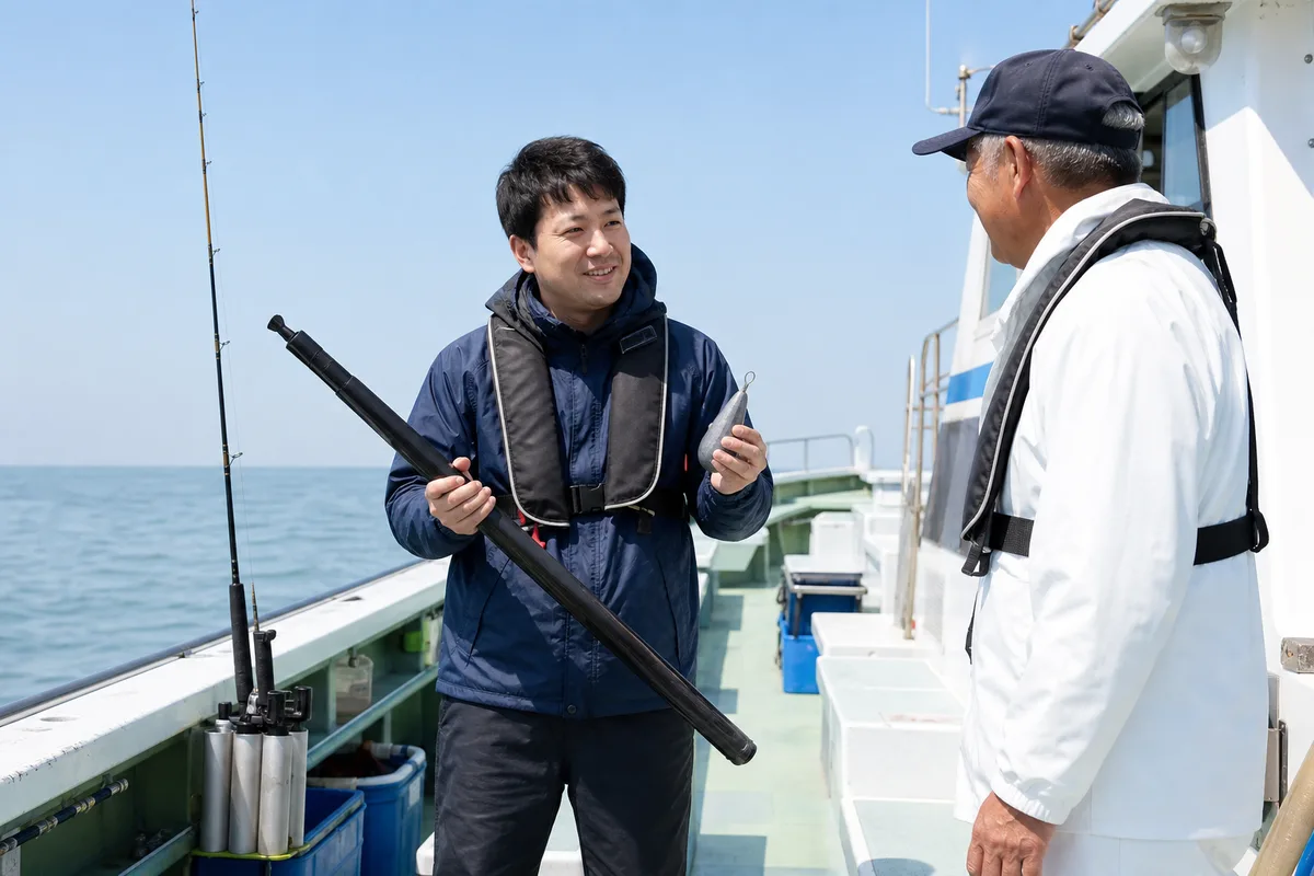明るい出船前の船上で、釣り人が竿の公称負荷と当日のオモリを船長に確認している写真