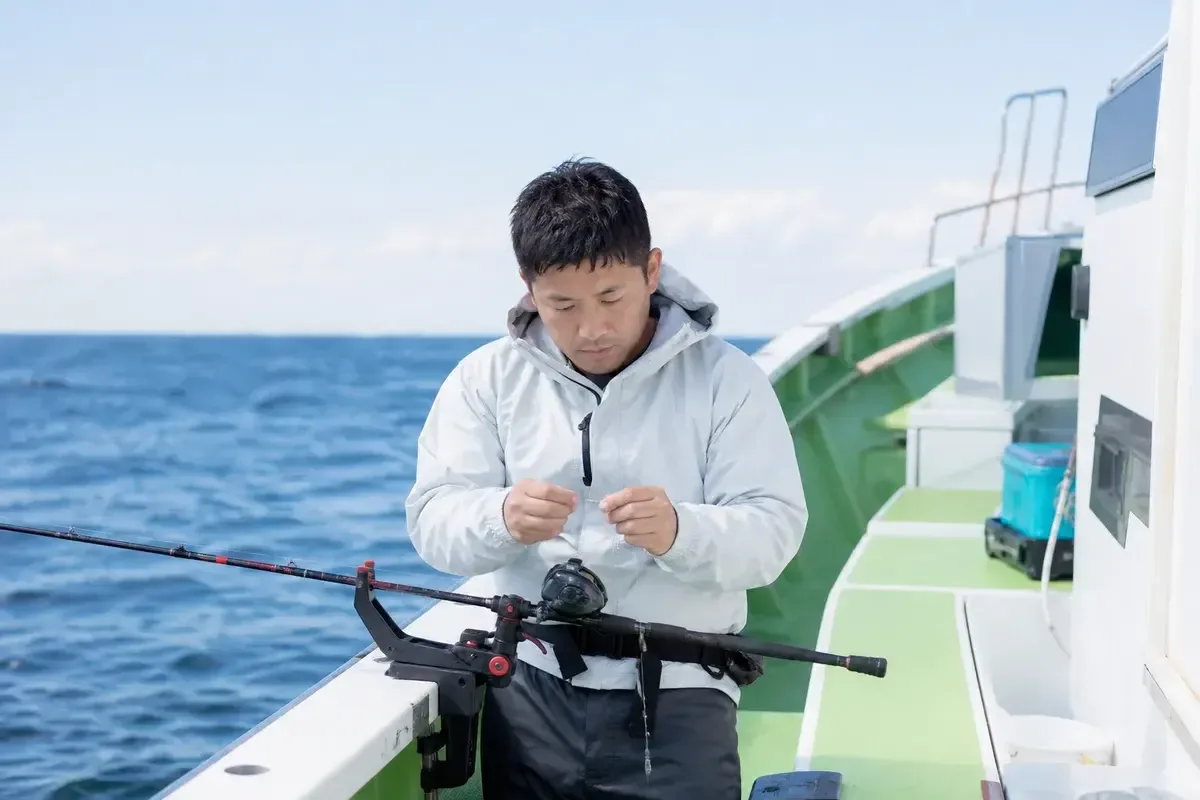 船釣りで竿受けを使い両手を空けている釣り人