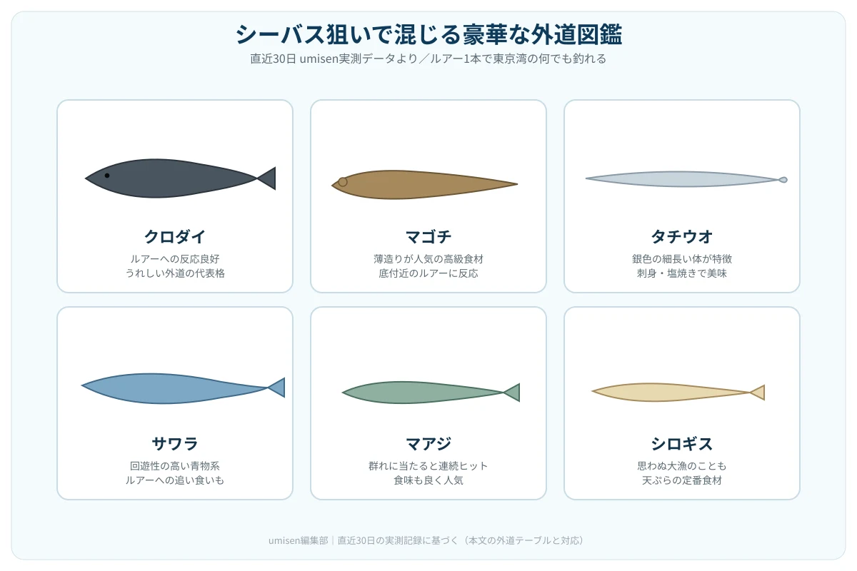 シーバス狙いで実際に混じる外道の魚種を並べた図鑑パネル。クロダイ・マゴチ・タチウオ・サワラなどをシルエットとラベルで紹介する解説図