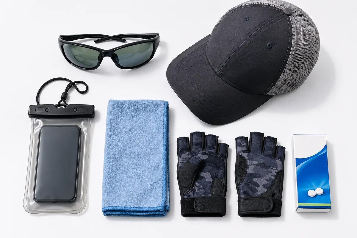ボートシーバス船の持ち物フラットレイ。偏光サングラス・帽子・防水スマホケース・速乾タオル・フィッシンググローブ・酔い止め薬を白い背景に整然と並べた