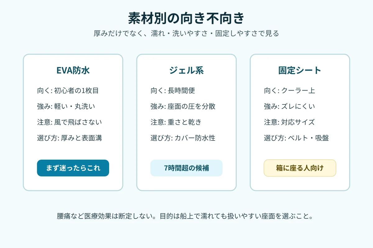 EVA防水、ジェル系、固定シートの向き不向きを比較する図解