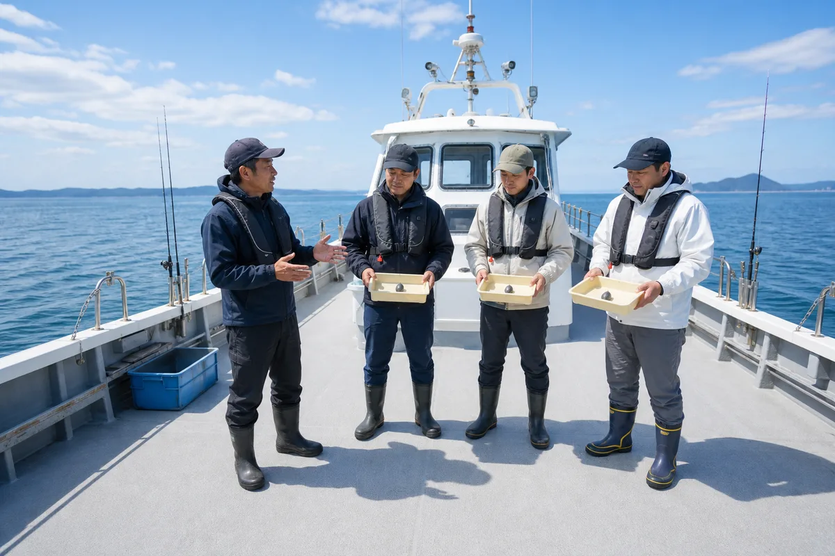 乗合船で釣り人全員が船長の説明を聞き、同じ重さのオモリを確認している安全な場面