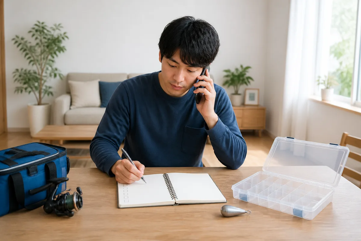 予約前に船宿へ電話し、通常号数と予備と形状と個数を手帳へ記録している場面