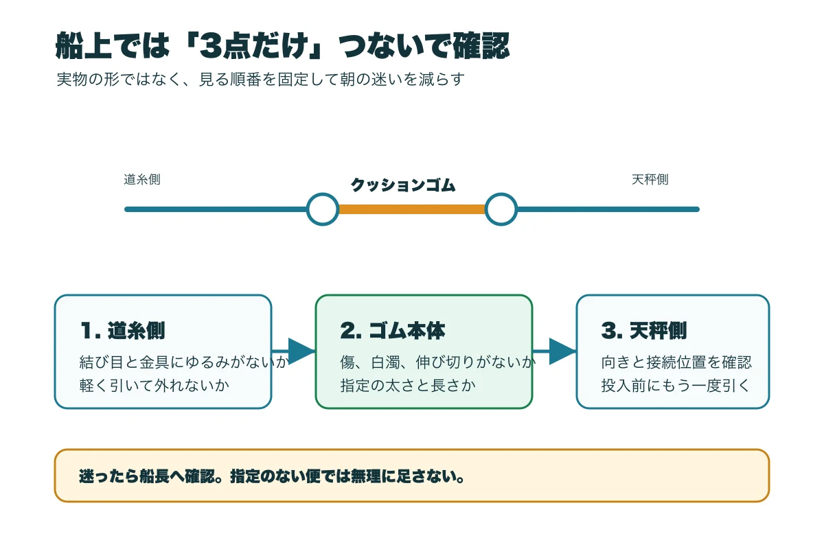 船上でクッションゴムの接続を確認する順番。道糸側、クッションゴム、天秤側を三点で見る図解