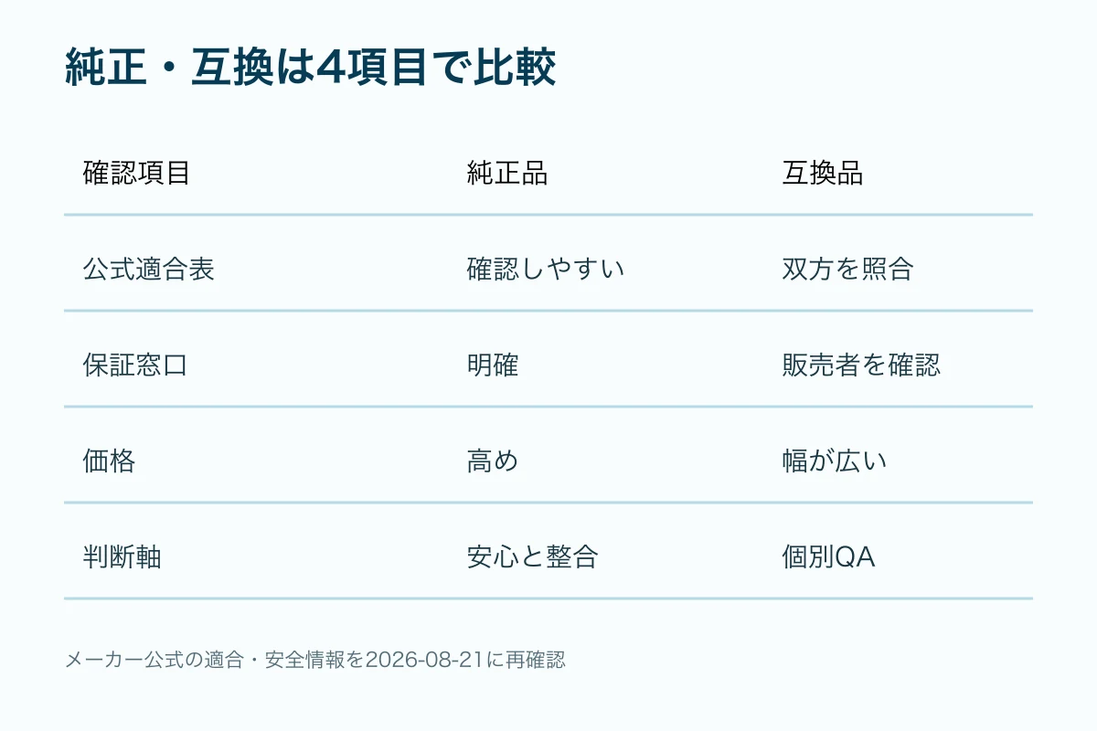 純正と互換を価格ではなく適合・保証・安全情報で比べる図